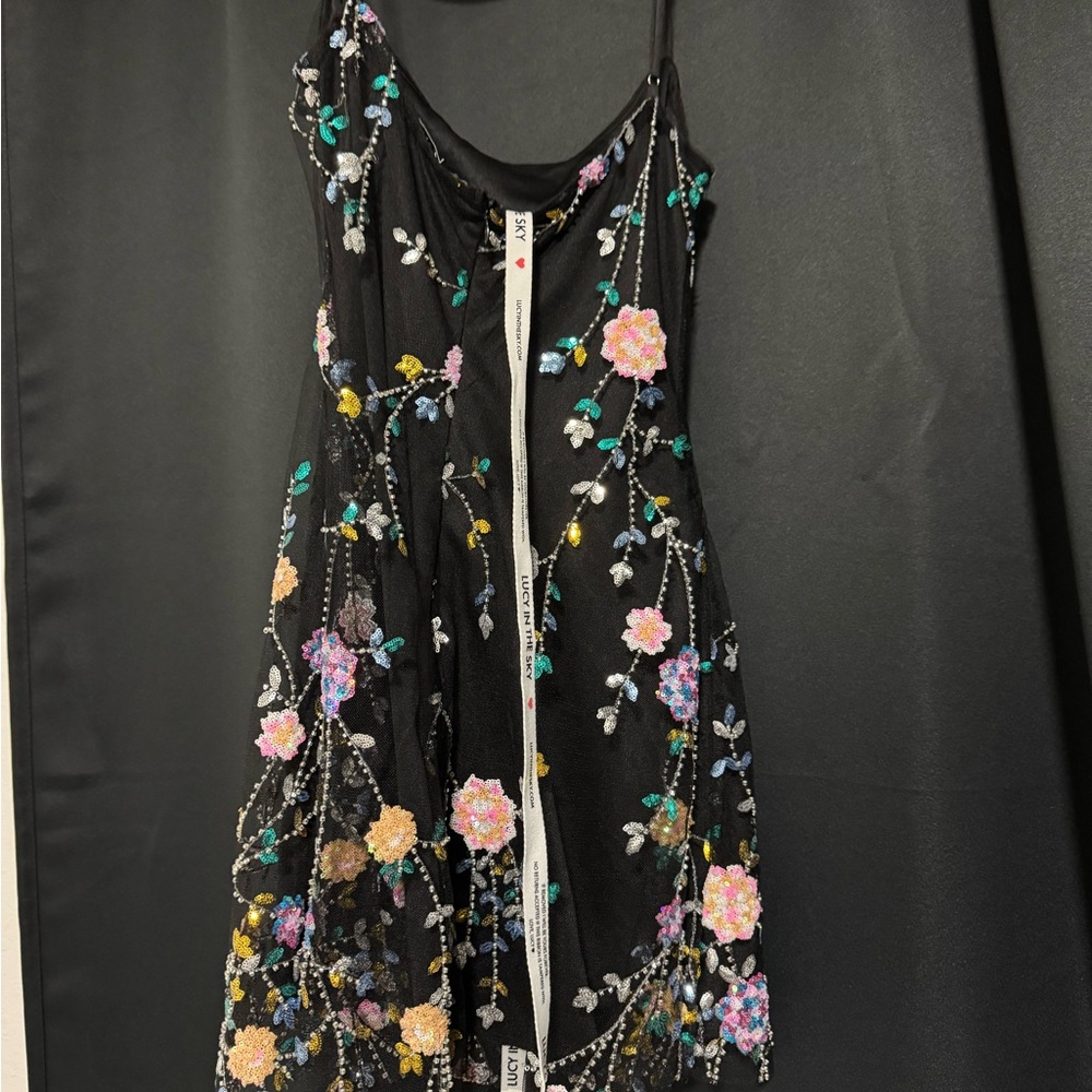 Lucy in the Sky Black Dress with Colorful Floral Embroidery